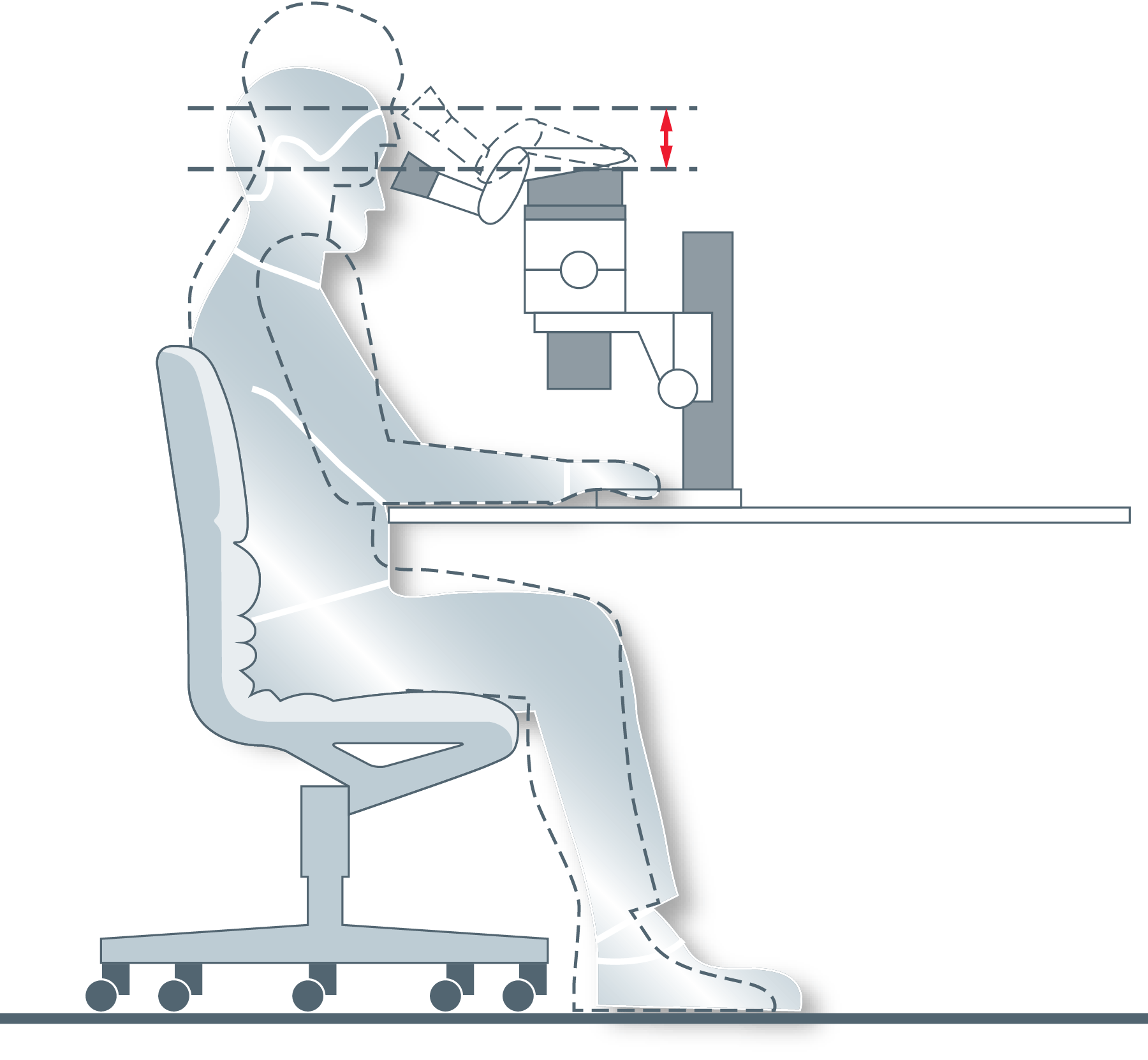 图3：ErgoTube目镜筒可让用户保持头部和身体的放松姿势，双臂得到良好的支撑并且为腿部提供了充足的空间，可以采用舒适的坐姿坐在椅子上进行观察。