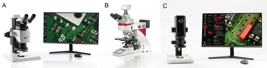 A Leica A) stereo, B) compound, and C) digital microscope are shown above.