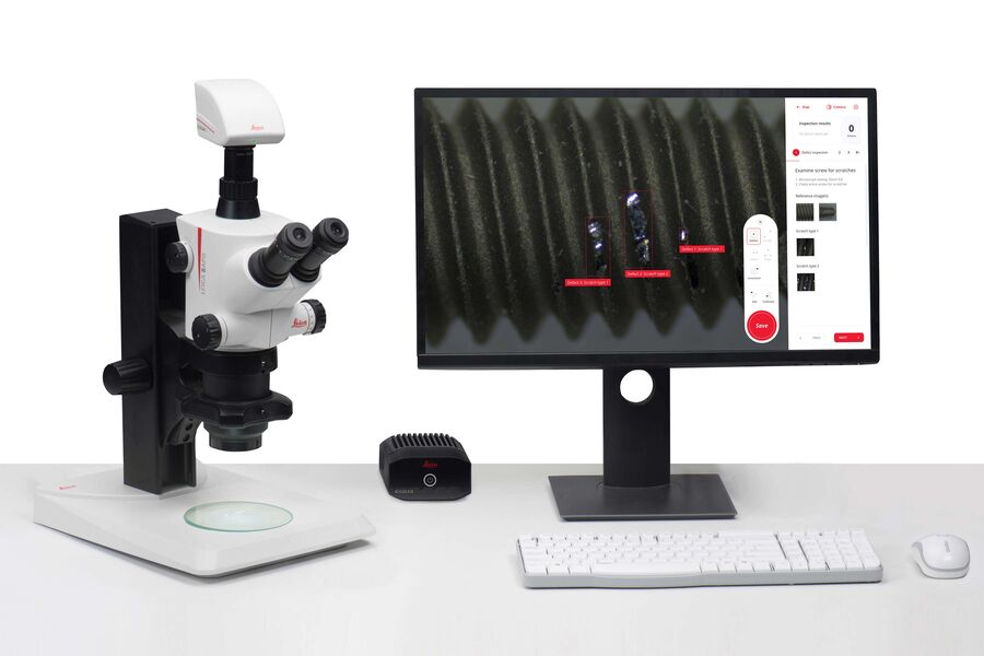 配备 FLEXACAM C1 显微镜摄像头的 S APO Greenough 立体显微镜和用于可追溯显微镜检查的 Exalta 智能设备。