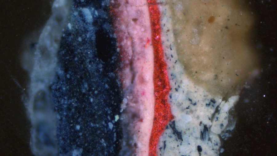 4b is a cross-section from stage 3 in the painting process. The samples clearly show the discrepancy in pigment composition in the two double grounds.