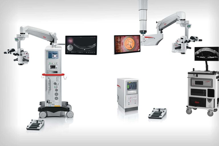 Izquierda: microscopio con estativo de suelo Proveo 8 con OCT intraoperatoria EnFocus integrado.
Derecha: estativo de telescopio Proveo 8 CT42 con unidad de torre externa y configuración de carro para OCT intraoperatoria EnFocus (diseño de cabezal de escaneado estándar).