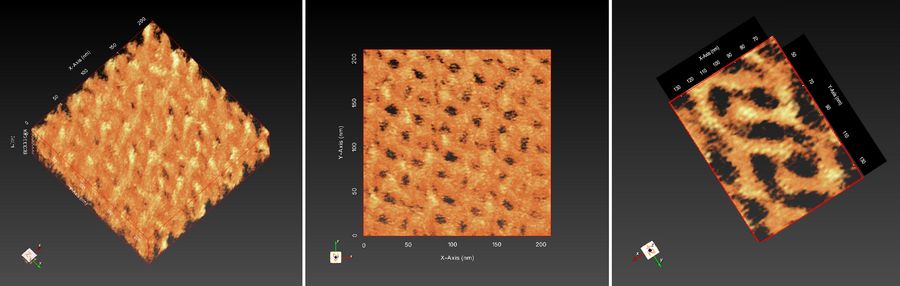 3D Reconstruction of poly(styrene)-b-poly(isoprene). Left: Oblique view. Center: Top view. Right: Top view rotated. The curled, regular structure is visible.