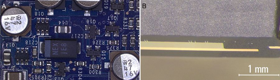 Shown here are examples where A) surface features on a PCB sample and B) internal structures in a cross-sectioned IC chip could be measured.