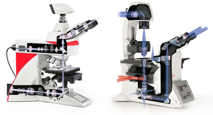 Left) An upright microscope features the objective above and the condenser below the specimen on the stage. Right) With an inverted microscope, this setup is turned upside down, giving the users more space from above to access the specimen, while below the objective is within the required proximity of the specimen for focused imaging.
