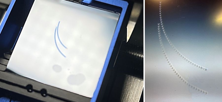 Ribbons on silicone wafer. Left: Array tomography knife hosting a 12x12 mm silicone wafer. 2 Ribbons à 40 sections with a thickness of 80 nm are visible in light blue color. Right: Magnified image of the ribbons. Edge length of each section is 250 µm.