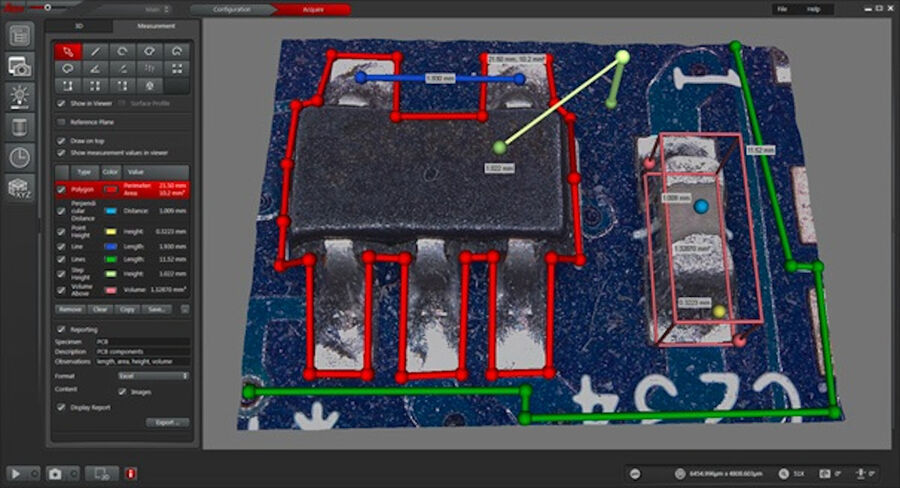 3D image of the PCB region shown above in figure 10. Measurements of area, volume, step height, length, etc. have been made. A report is created as an excel file by clicking “export” (marked by the yellow box).