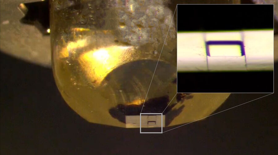 Figure 1: Final sample block after coarse and fine trimming. Magnified insert shows the final block face on top of the front face of the polymer bean. The front face was trimmed in a 45° shape using a milling device.  The block face was trimmed using the microtome and a knife with 45° edges creating a pyramidal shape.