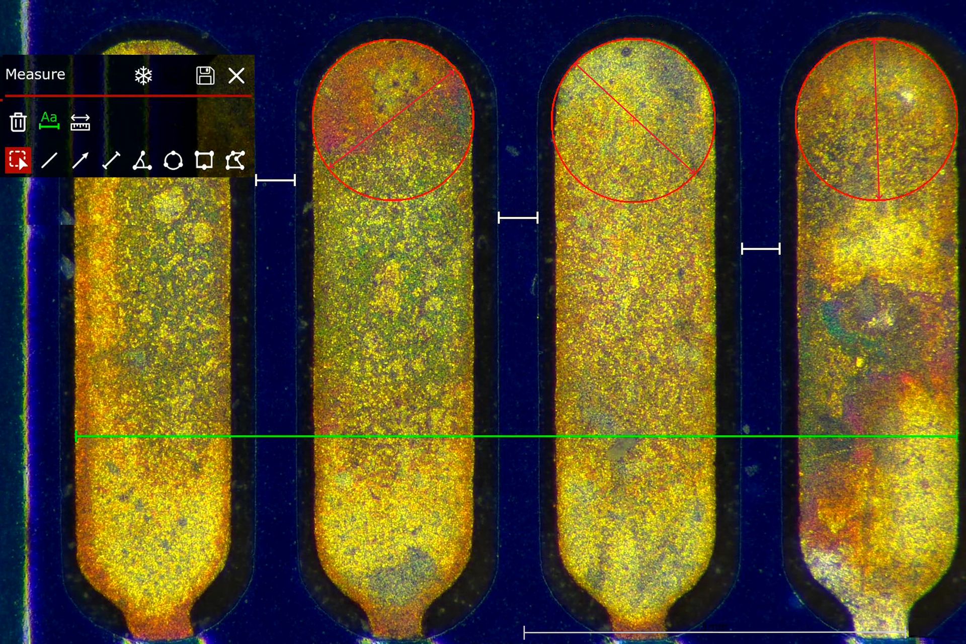 Some 2D measurements, e.g., lengths and areas, made on a PCB sample with a Leica measurement microscope using the Enersight software.