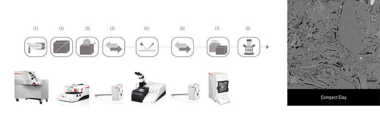 （1）高压冷冻（EM ICE） |（2）-（3）截面切片与切割（EM VCM） |（4）传输（EM VCT500） |（5）离子束打磨（EM TIC 3X） |（6）传输（EM VCT500） |（7）镀膜（EM ACE600） |（8）Cryo-SEM 分析