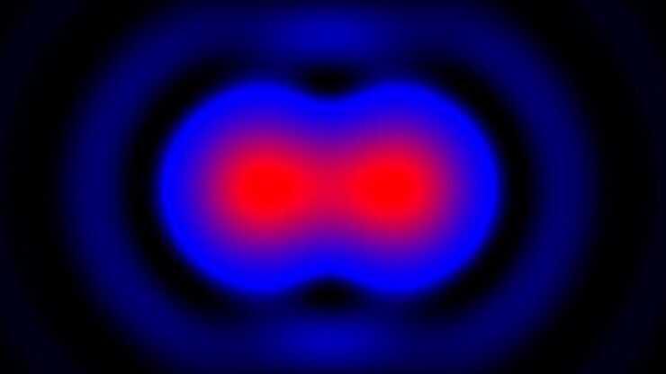 [Translate to chinese:] Intensity distribution (arbitrary color coding) of an image of two points where the distance between them corresponds to the Rayleigh criterion.