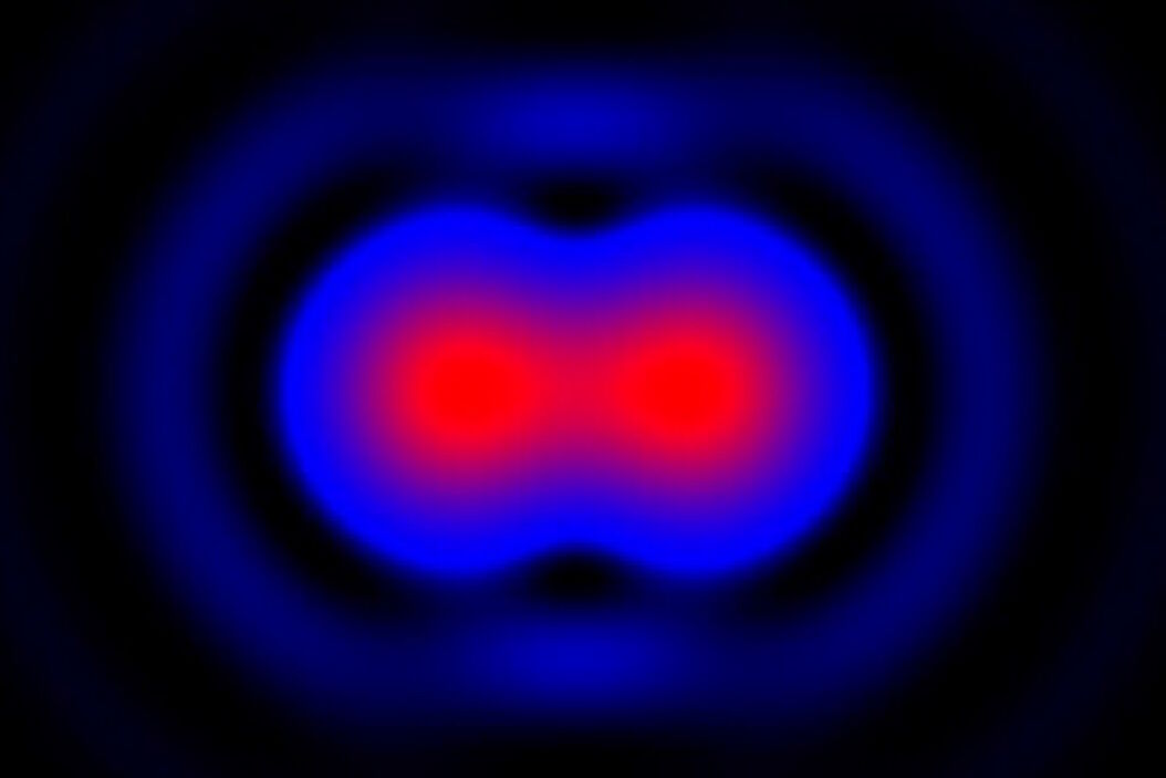 Intensity distribution (arbitrary color coding) of an image of two points where the distance between them corresponds to the Rayleigh criterion. Intensity_distribution_Rayleigh_criterion.jpg