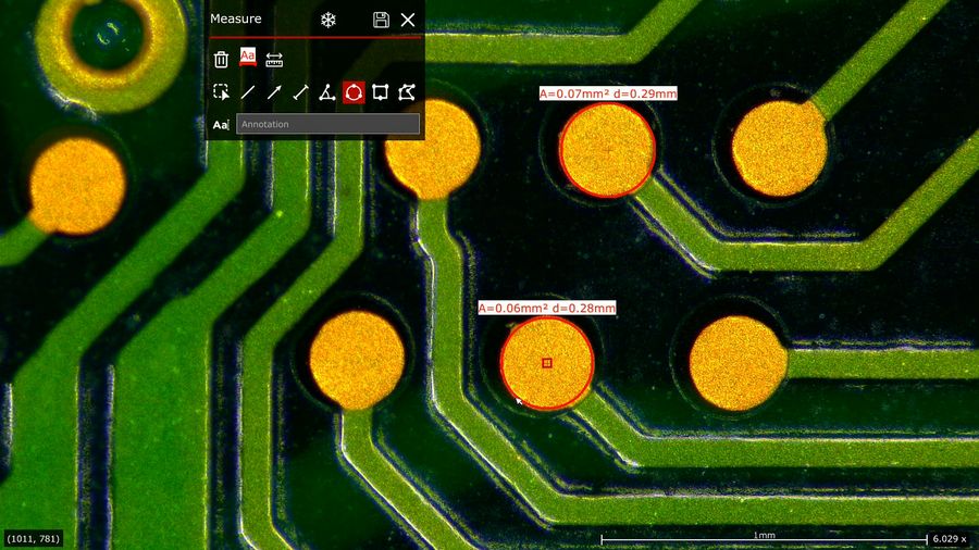 Length and area measurements made on a PCB (printed circuit board) using a Leica measurement microscope with the Enersight software.