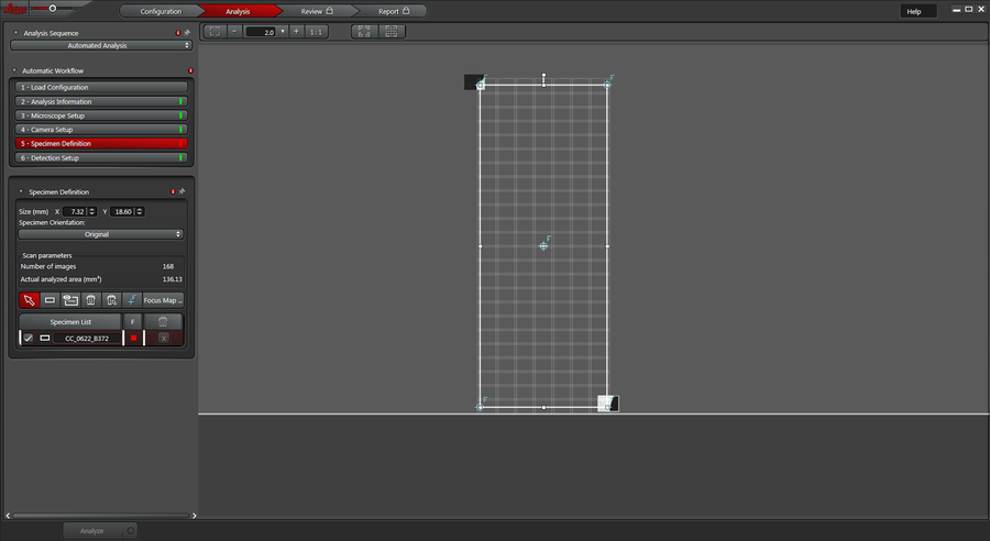 Definition of the sample scan area in the LAS X Steel Expert software.