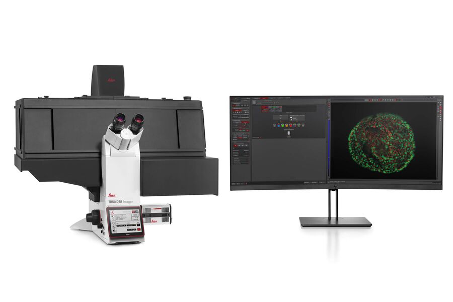  带培养系统的THUNDER Imager活细胞成像仪。笼式培养箱（透明、黑色或激光安全型）主要用于进行暖空气培养和选配的CO2控制，覆盖整个显微镜，专门为基于DMi8的系统而设计。