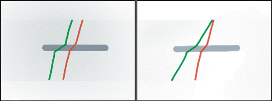 左图： 使用标准玻璃校正物镜观察蓝宝石的色差。右图： 蓝宝石校正物镜消除了蓝宝石的色差。