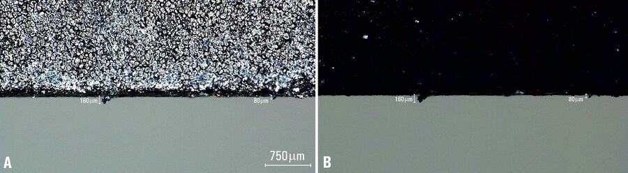 图4：确定电池电极片边缘毛刺的长度：使用DVM6数码显微镜仅使用环形光（A）和带有交叉偏振器的环形光以减少眩光（B）获取的毛刺图像。