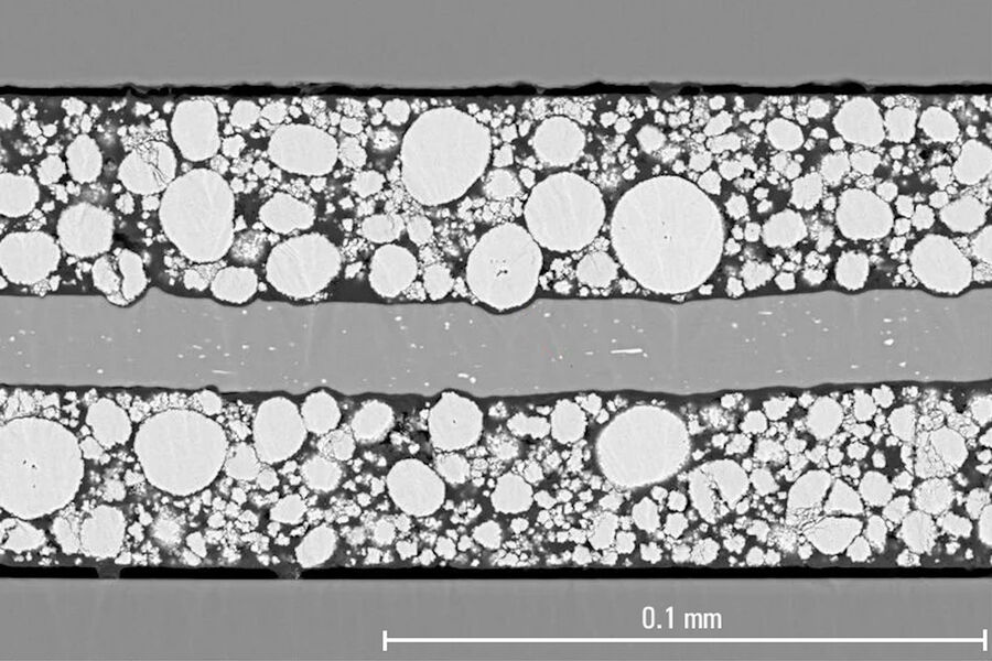 Internal structure of a lithium-nickel-manganese-cobalt oxide/aluminum (Li-NMC/Al) electrode which is used in battery systems. Image of a cross section prepared with the EM TXP and EM TIC 3X systems.