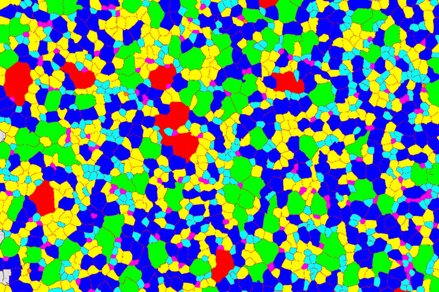 Image of a steel alloy with grains color-coded by size.