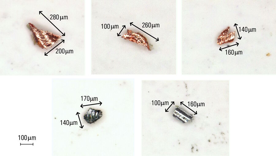 Fig. 3: Detected particles which have been analyzed with a Leica cleanliness analysis solution to determine their dimensions.