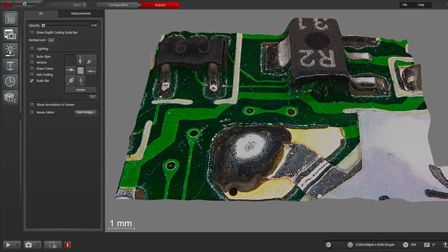图4：PCBA的三维图像可显示集成电路（IC）芯片和焊点；图像由搭载LAS X的DVM6采用EDOF功能拍摄。另请参见以下带彩色Z标度的相同图像。