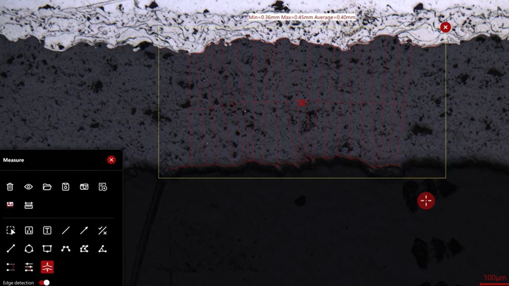 The semi-automated measurement provides the minimum, maximum, and average thickness information of a coating or layer.