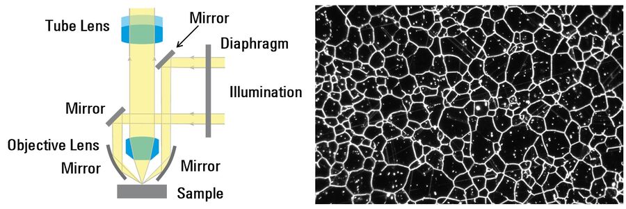 Schematic for microscope darkfield illumination and steel alloy image recorded using darkfield. 