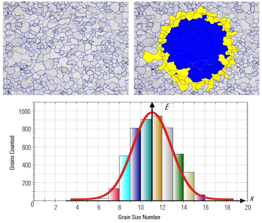 图10：利用平面测量法测量钢合金粒度的示例。徕卡显微镜利用LAS晶粒专家软件拍摄的原始影像（左上）。图像数据经过处理[右上]，以确定A、n内、n拦截、NA和G的值。蓝色表示完全在定义的圆形区域内的晶粒，黄色表示被边缘截住的晶粒。直方图示例（下）显示了用平面分析法得到的粒度数分布情况，其中平均G值约为11。