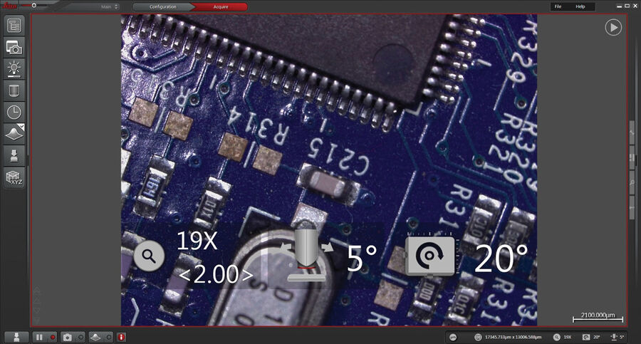 图17：DVM6的LAS X操作面板。对物镜、变焦光学元件、显微镜头倾斜角度（5°）和载物台旋转角度（20°）的总放大倍率（19×，<2.00>是变焦因子）进行编码。右下角也会显示相同参数。