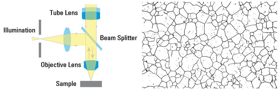 Schematic for microscope brightfield illumination and steel alloy image taken with brightfield.