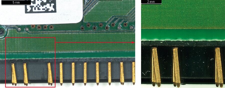 Parte inferior de la PCB mostrando las clavijas del conector 