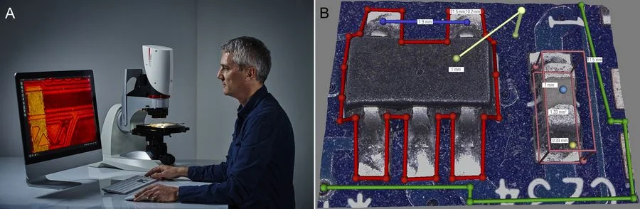 A) Leica measurement microscope with LAS X for advanced 3D measurements and B) length, area, and height measurements made on components of a PCB.