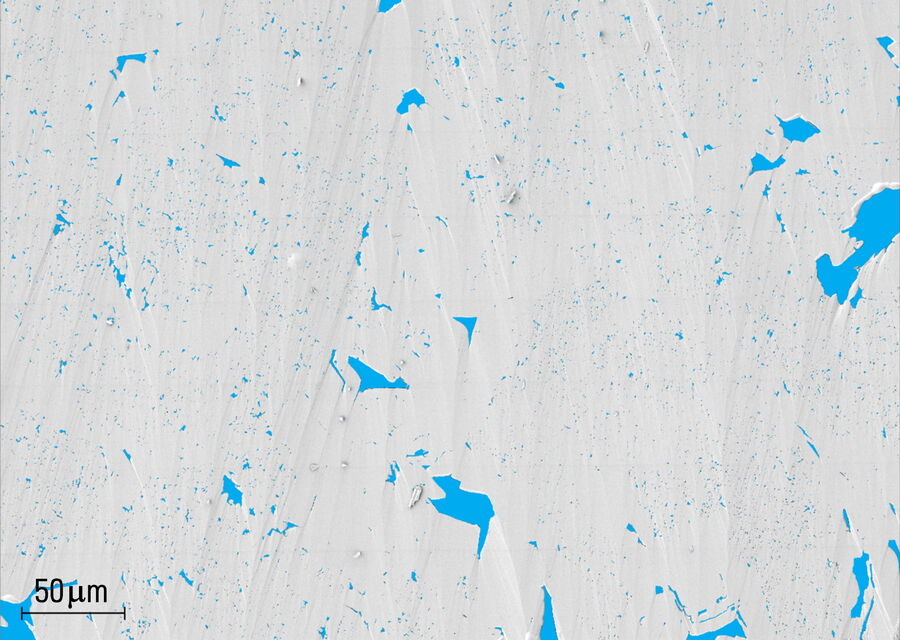 BIB-SEM map of carbonate showing microporosity and pore segmentation results.