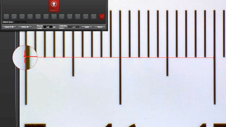 Example of calibrating a microscope at a higher magnification value using a stage micrometer.