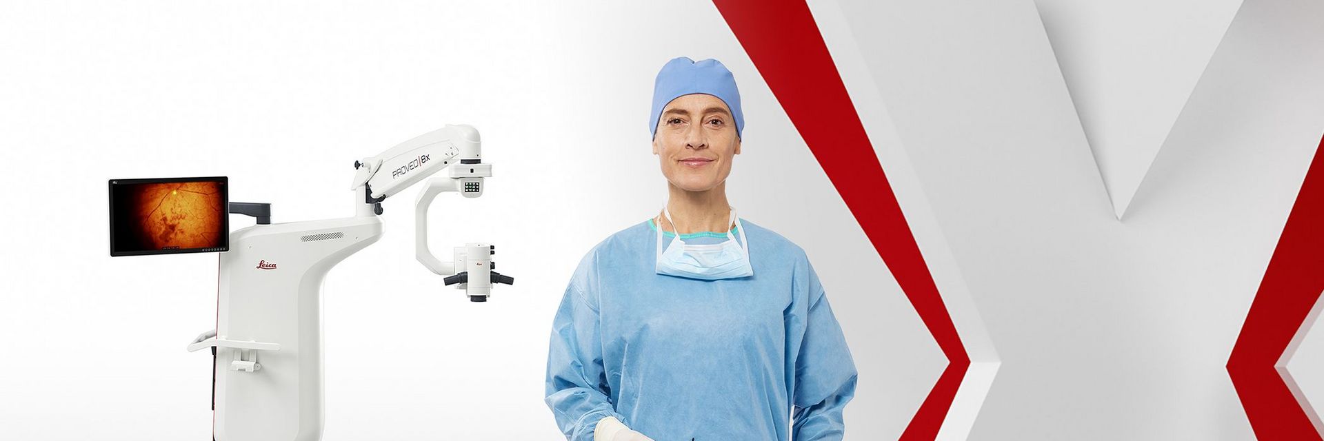 戴着 3D 眼镜的眼科医生、视网膜手术中的 Proveo 8x 显微镜和 Proveo 8x 徽标。