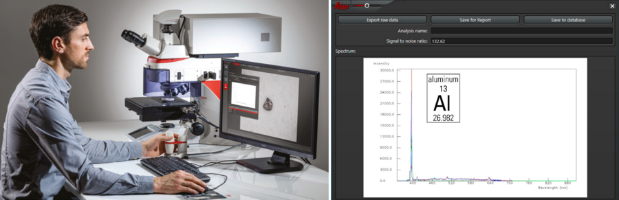 [Translate to chinese:] Cleanliness analysis can be done with both optical microscopy and LIBS (laser induced breakdown spectroscopy) at the same time with the DM6 M LIBS solution. 