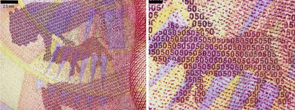 南非50兰特面额纸钞放大后看到的更多细节（右图）。