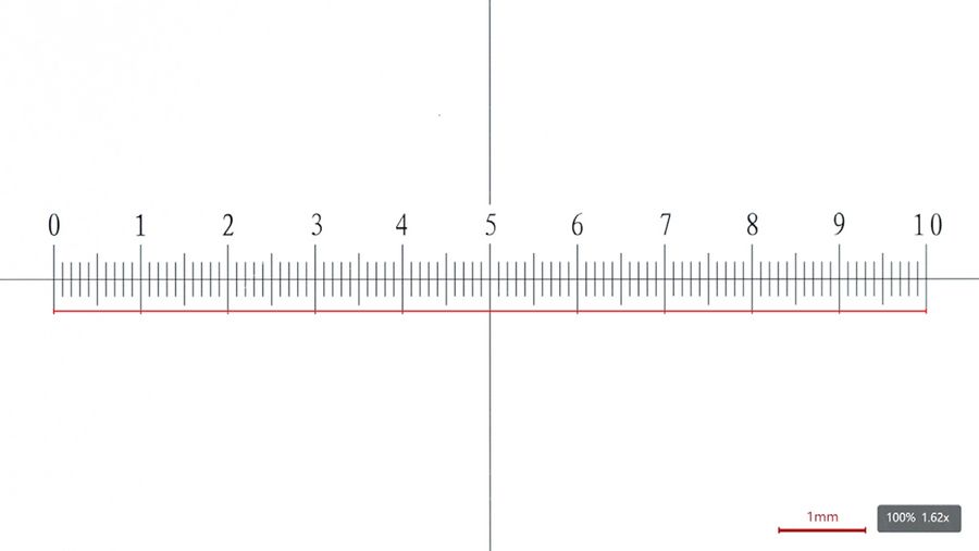 在较低的放大倍率值下，实时图像中的一条线用于指示平台测微计上的距离，以执行校准。