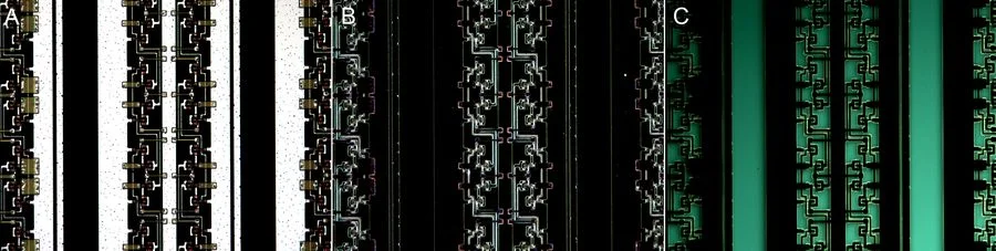 Optical microscope images taken of the same area of a patterned wafer with A) brightfield, B) darkfield, and C) fluorescence illumination. Organic material like photoresist and contamination appear dark in the brightfield and darkfield images, but with a greenish tint in the fluorescence image.