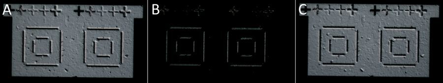 Images of a patterned wafer area taken with DIC having: A) a negative bias, B) no bias, and C) a positive bias. The plus signs and borders of the square shapes appear to rise out of the surface with negative bias and recess into the surface with positive bias.