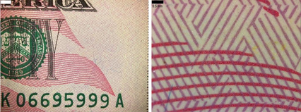 美元纸钞放大后看到的更多细节（右图）。