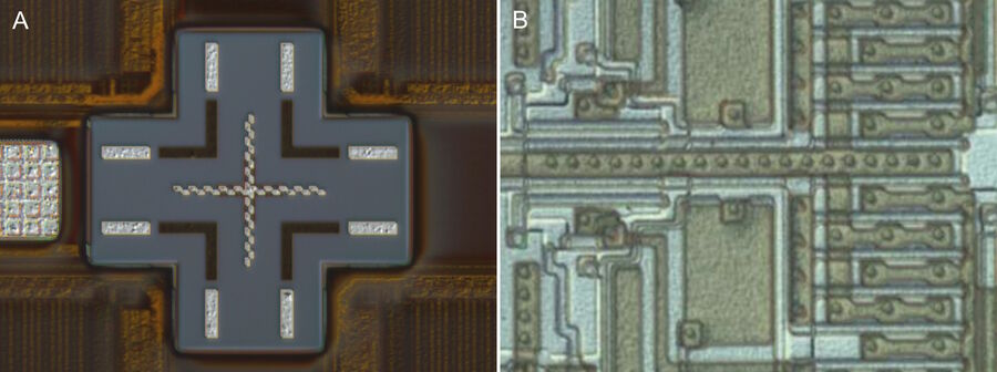 图 4：在 DIC 照明下以更高倍率（20 倍 pl fluotar 物镜）拍摄的晶片光学显微镜图像（与图 2-3 和图 5 比较）： A) 图 1 中整个正方形的中心，B) 已刻蚀的集成电路晶圆。