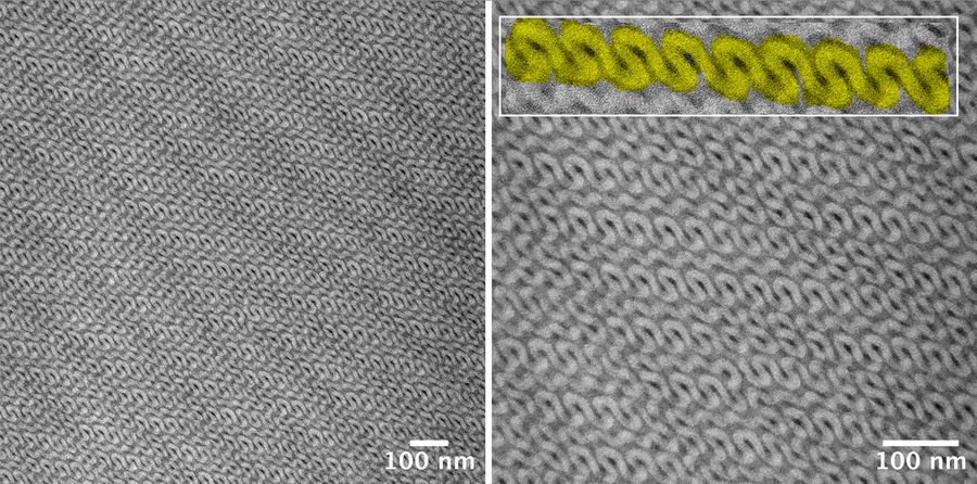 Magnified TEM images of 30-40 nm sections of poly(styrene)-b-poly(isoprene). Left: 40.000x magnification. Right: 80.000x magnification. The coiled structure of the polymer becomes visible. 