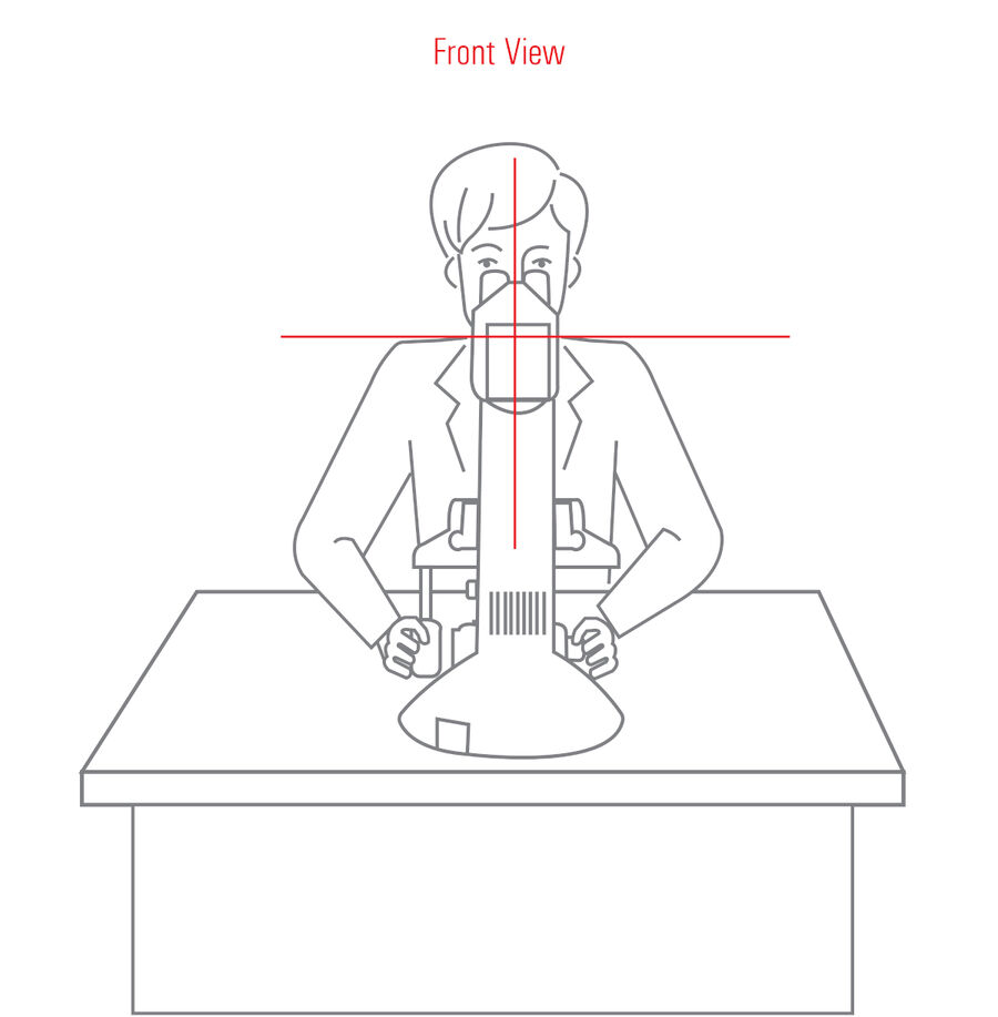 [Translate to chinese:] A comfortable posture when using the microscope: Shoulders are level, the spine is straight, and arms are resting at a comfortable angle without stretching thanks to the symmetrical layout of the stage drive and focus knobs.