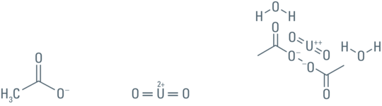 从左到右：醋酸根离子，铀酰离子，乙酸铀酰结构式