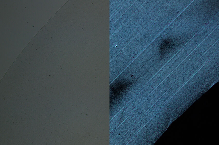 左：用平行偏光镜拍摄的聚丙烯管样本，没有明显的结构。右：用交叉偏光镜成像的同一个聚丙烯样本。揭示了生产过程中可能出现的不均匀性。DM4 P显微镜，配2.5x平面Fluotar物镜和偏光镜的成像效果