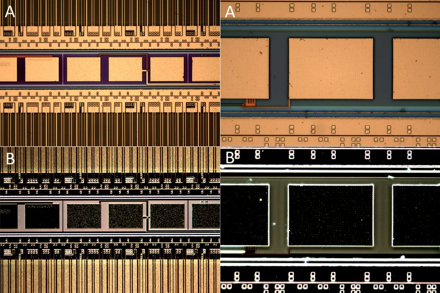 The same areas of the patterned wafer shown in figure 4, but now imaged with a DM6 M microscope using A) brightfield and B) darkfield illumination.