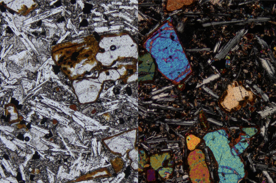 左：使用平行偏光镜对玄武岩薄切片进行成像。 可见典型的斑岩结构结构即较大的样本和细小的基质。单种矿物上的棕色条纹表明未二次交替过程。右： 同样的玄武岩切片，使用交叉偏光镜进行成像。较大的晶体显示较高的双折射颜色（辉石和橄榄石）。条形斜长石由于其形状和低双折射而清晰可见。DM4P显微镜用透射光、10倍平面荧光物镜和偏光镜的成像效果