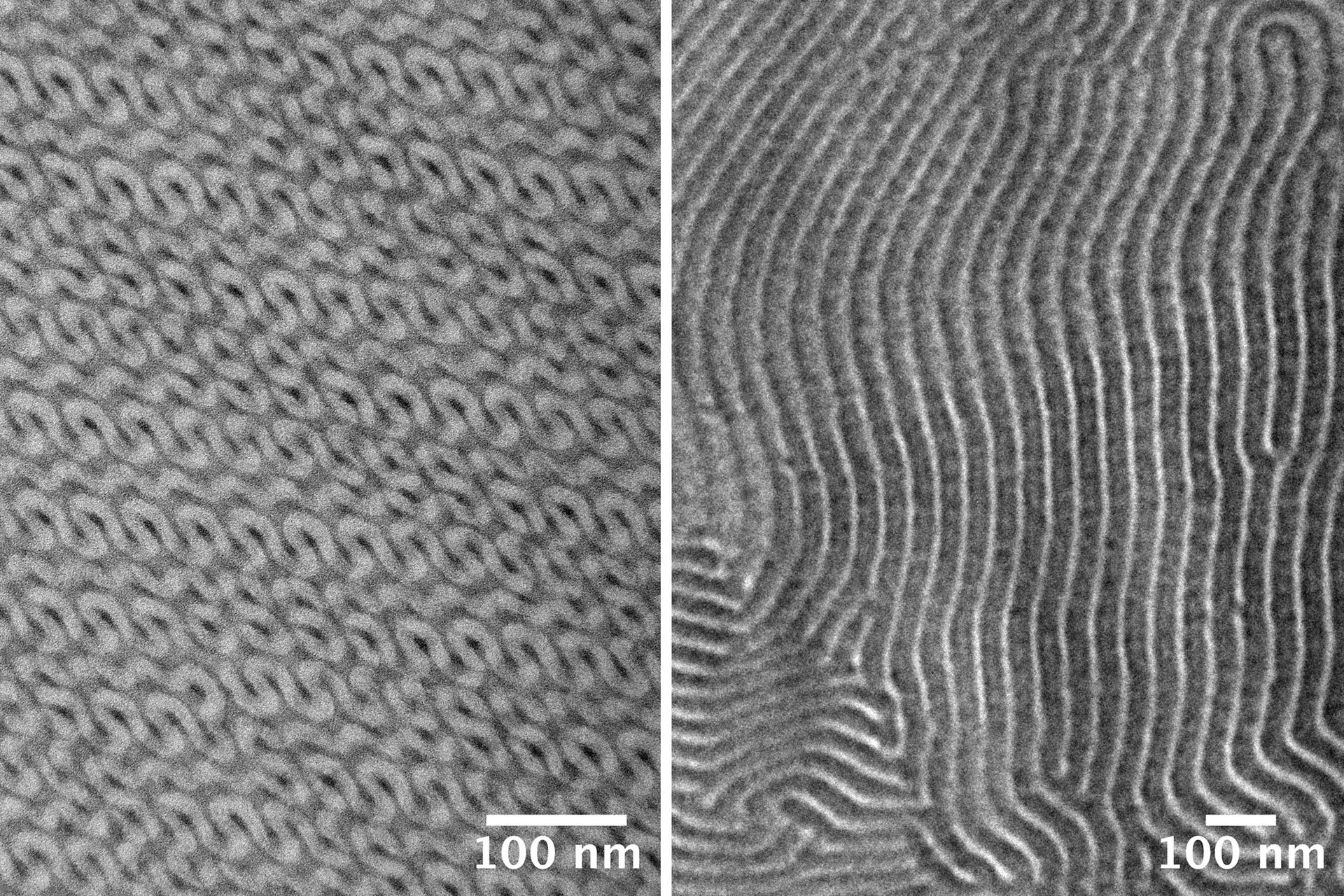 TEM micrographs of polymer sections. Left: Poly(styrene)-b-poly(isoprene). Right: Poly(styrene)-b-poly(methyl methacrylate). 