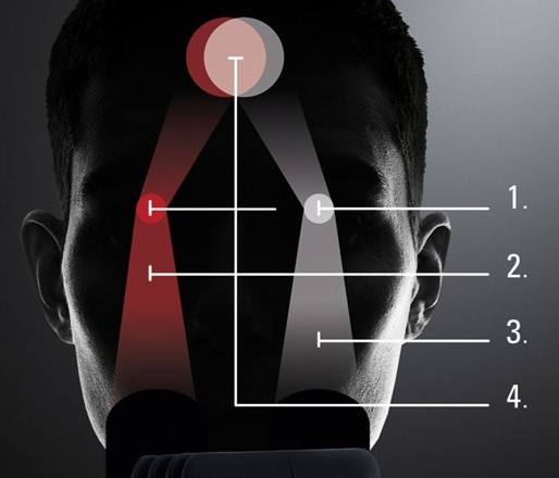 Stereo microscopes have two separate beam paths (1). With the FusionOptics technology, one beam path provides a large depth of field (2) and the other high resolution (3). The two images are merged into a single, optimal 3D image by the brain (4). 