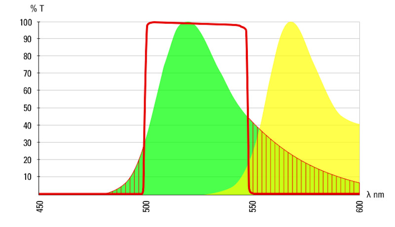 Alexa 488（绿色曲线）和 Alexa 555（黄色曲线）的荧光发射曲线。